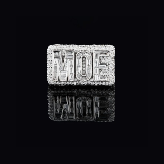 4.08 TCW Exclusive MOE Initials Moissanite Diamond-Studded Rectangular Statement Ring with Pavé Halo Detailing
