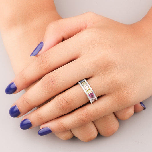 Rainbow Sapphire Eternity Band Diamond Pave Edges Natural Sapphire Ring - view 3