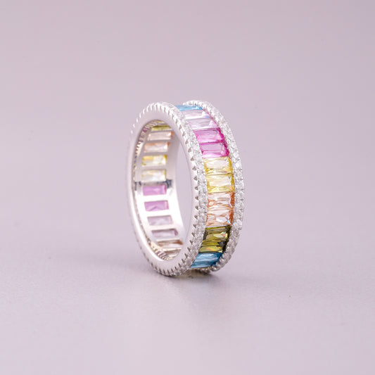 Rainbow Sapphire Eternity Band Diamond Pave Edges Natural Sapphire Ring - view 4