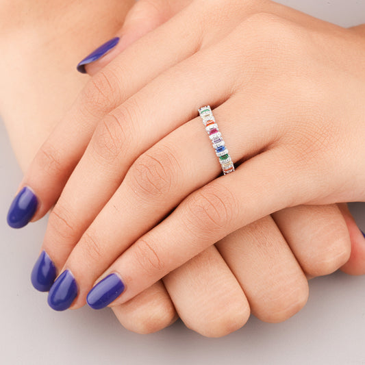 Emerald Cut Rainbow Sapphire Eternity Band Natural Sapphire Ring - view 3