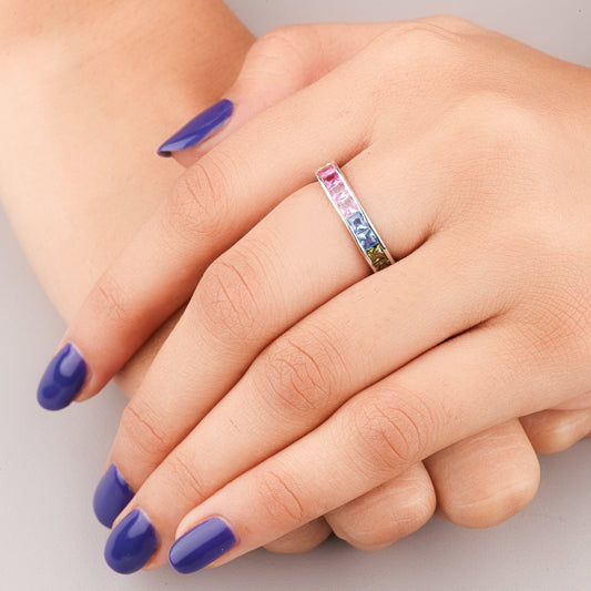 Princess Cut Rainbow Sapphire Eternity Band Natural Sapphire Ring - view 3