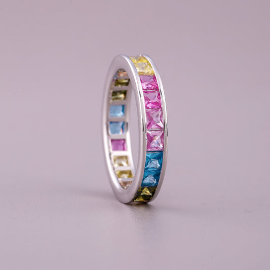 Princess Cut Rainbow Sapphire Eternity Band Natural Sapphire Ring - view 4