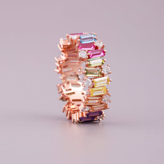 Emerald Cut Natural Rainbow Sapphire & Diamond Eternity Band Ring - view 4
