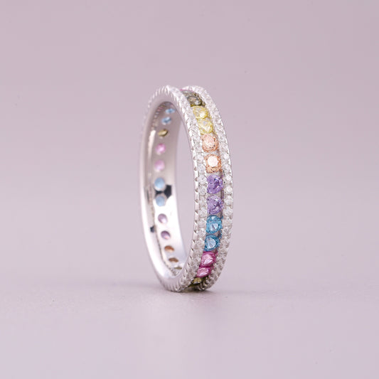 Round Rainbow Natural Sapphire & Diamond Eternity Anniversary Band - view 4