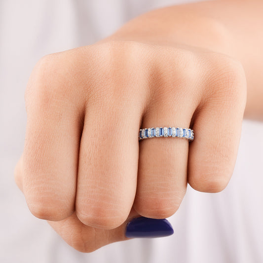 Emerald Cut Blue Sapphire Natural Rainbow Diamond Eternity Band - view 3