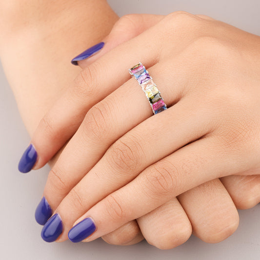 Rainbow Emerald Cut Sapphire Diamond Eternity Band Ring Wedding Band - view 3