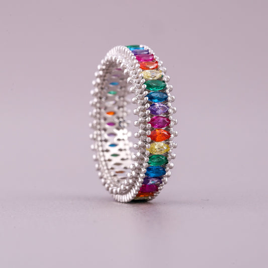 Rainbow Marquise Sapphire Diamond Eternity Band Ring Wedding Band - view 4