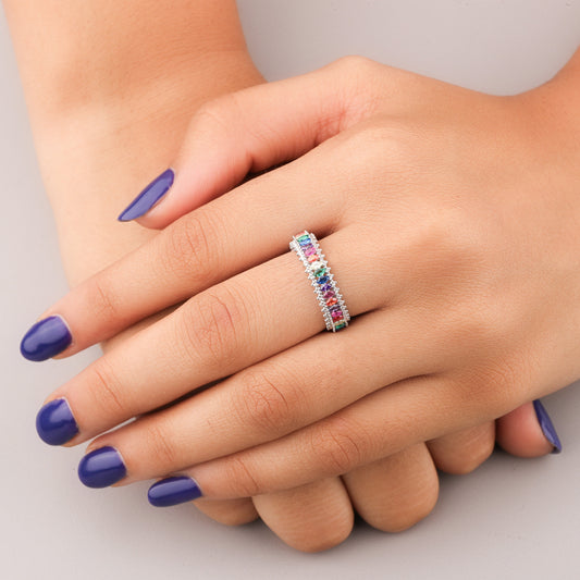 Baguette Rainbow Sapphire Diamond Band Ring - view 3