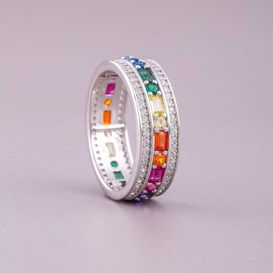 Vintage Rainbow Sapphire Channel Set Diamond Wedding Ring - view 4