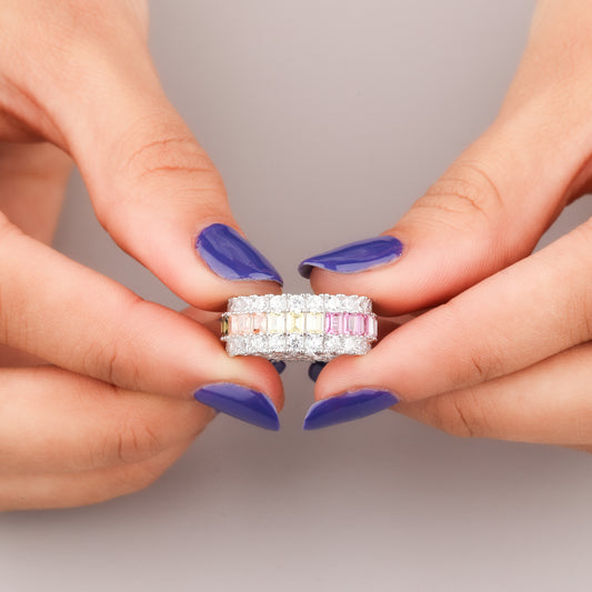 Natural Multi-Color Sapphire & Diamond Eternity Band Ring in White Gold