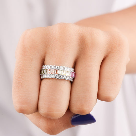 Natural Multi-Color Sapphire & Diamond Eternity Band Ring in White Gold - view 3
