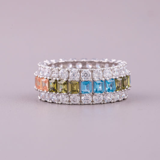 Natural Multi-Color Sapphire & Diamond Eternity Band Ring in White Gold