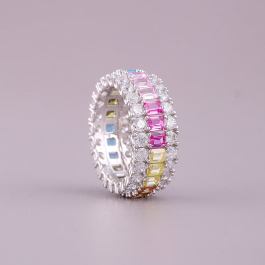 Natural Multi-Color Sapphire & Diamond Eternity Band Ring in White Gold - view 4