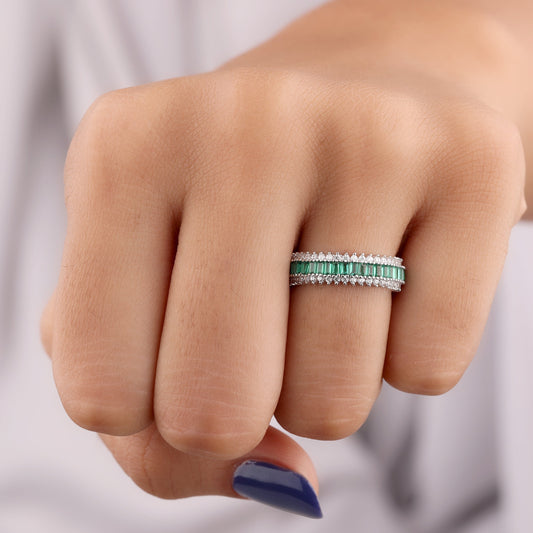Vibrant Green Natural Sapphire Cluster Ring Diamond Pave Band - view 3