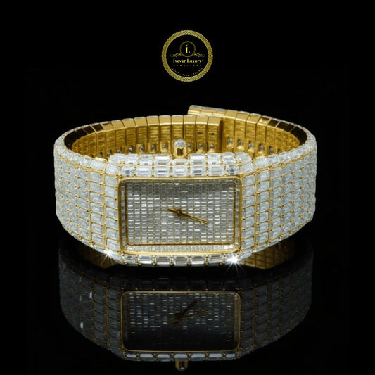 Full Iced Baguette Cut Lab Grown Diamond Watch Where Golden Luxury Meets Timeless Precision by Ivevar