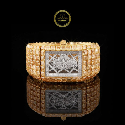 130 CT Yellow Diamond Moissanite Bustdown Watch Baguette Dial & Asscher Cut Brilliance with Yeallow Diamonds