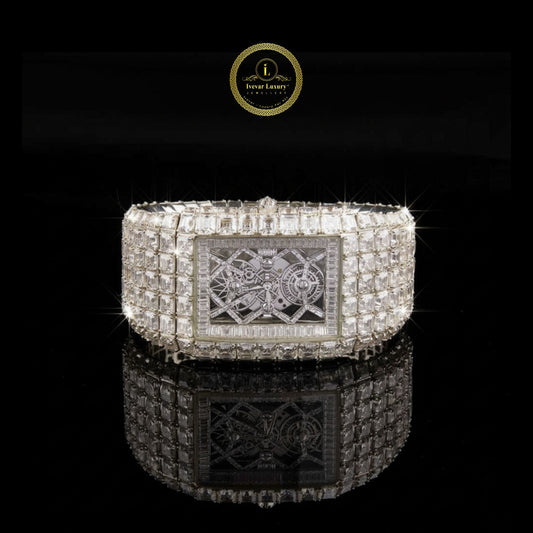 130 Carat Moissinite Masterpiece Watch – Fully Iced Baguette & Asscher Cut Edition