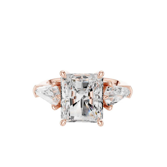 5.90 CT Exquisite Radiant Cut Lab Grown Diamond Three Stone Ring with Kite Shape Side Stones