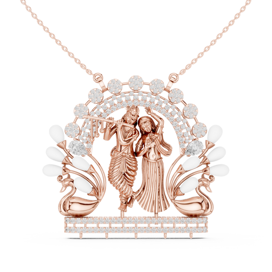 2.84 TCW Shiny Plated Radha Krishna Pendant with Moissanite Diamond Peacock Motif Luxury Spiritual Jewelry
