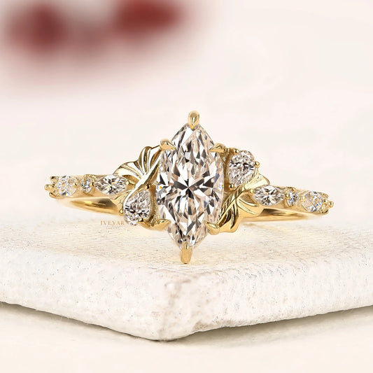 2.50 Ivevar Luxury Marquise Moissanite Diamond Ring with Floral Gold Details