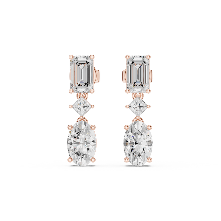 Three Stone Emerald Princess & Oval Linear Drop Earrings - view 2