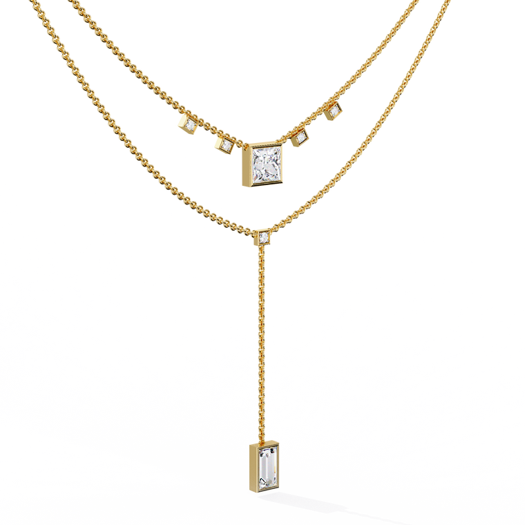 Two Layered Princess and Baguette Lariat Necklace - view 2