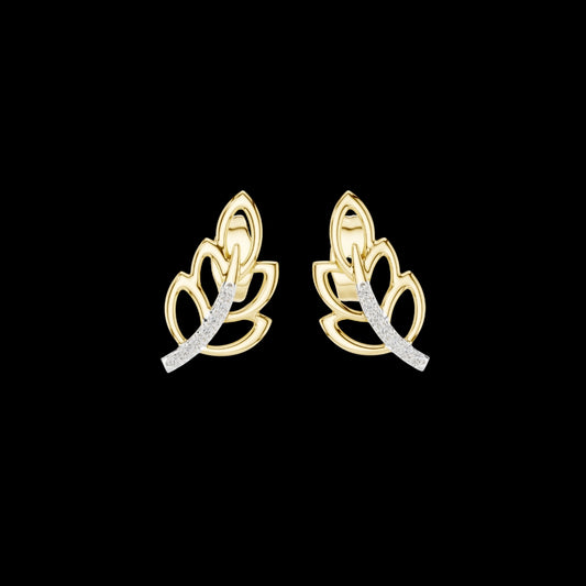 0.07 TCW Elegant Gold Leaf Stud Earrings with Lab Diamond Accented Curve Nature Inspired Fine Jewelry
