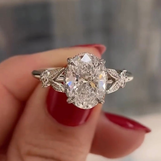 2.85 CT Floating Moissanite Oval Diamond Vintage Glow Leaf Engraved Royal Design