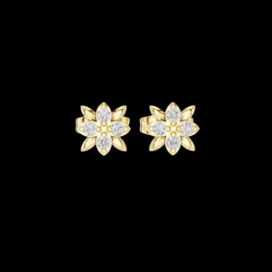 0.14 TCW Leaf Petal Moissanite Round Cut Diamond Flower Stud Earrings with Cluster Center