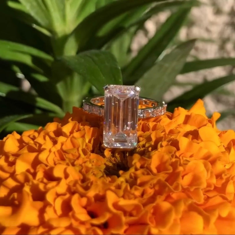 Emerald Cut Lab Diamond Engagement Ring With Baguette Sides - view 2