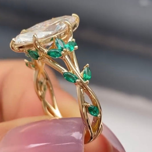 Nature Inspired Marquise Ring with Green Side Stones - view 3