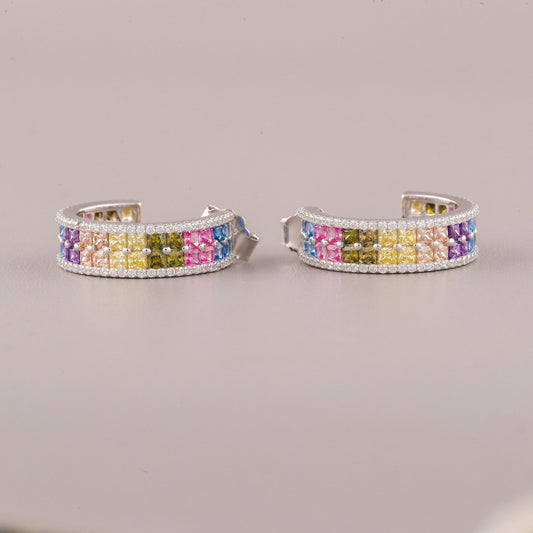 Rainbow Two Row Baguette Diamond Pave Hoop Earrings - view 4
