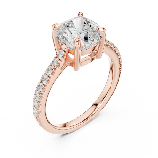Cushion Cut Lab Diamond Solitaire Engagement Ring With Pave Band - view 3