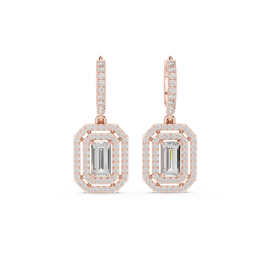 0.80 CT Glamour Baguette Cut Moissanite Diamond Halo Drop Earring in Polished Gold with Pave Hoop Accents