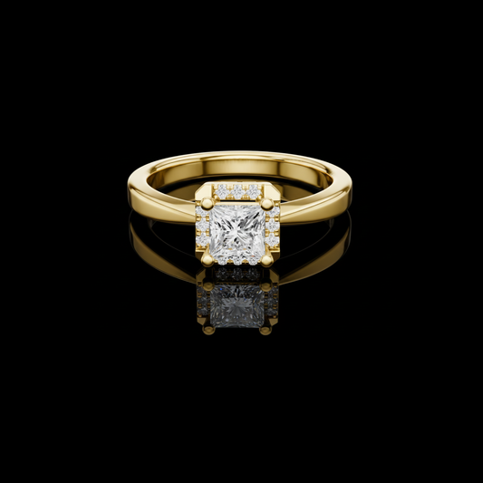 0.50 CT Modern Moissanite Ring Featuring a Princess Cut Center Diamond with a Sparkling Halo Type Setting