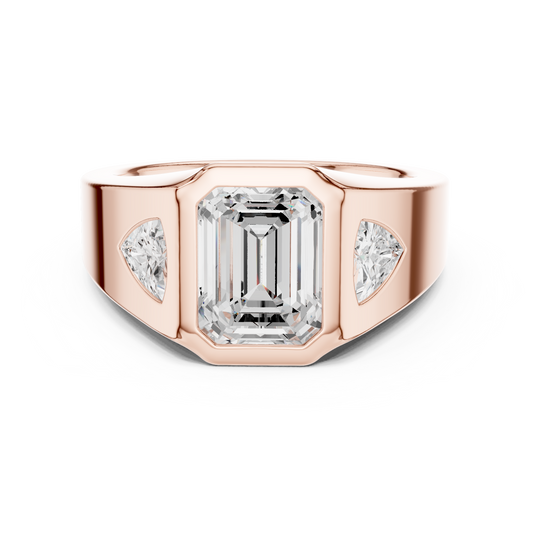 2.00 CT Bold Emerald Cut Signet Ring with Bezel Setting and Trillion Side Moissanite Diamonds For Him