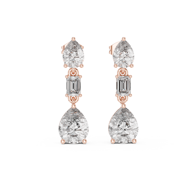 Three Stone Pear & Emerald Cut Drop Stud Earrings - view 2
