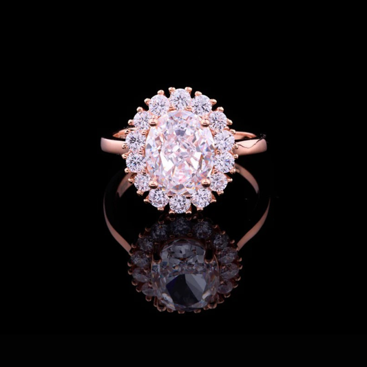 1.45 CT Oval Cut Moissanite Diamond Floral-Halo Ring in Rose Gold Showcasing Exquisite Detail