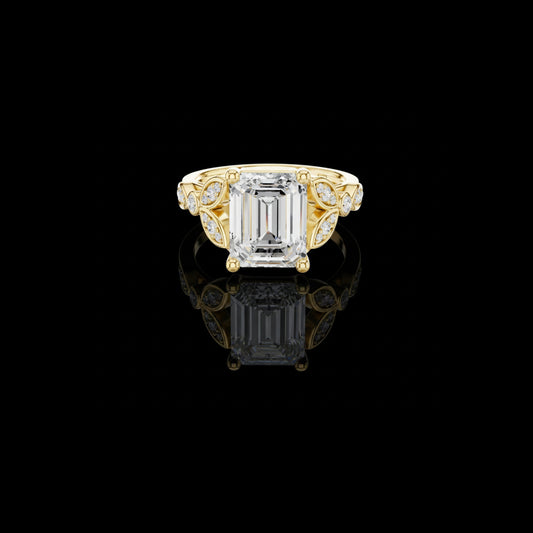 3.11 TCW Imperial Aura Emerald Cut Lab Diamond Ring in Sculpted Gold with Vintage Halo Side Accents