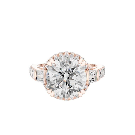 Halo Round Cut Ring with Tapered Baguette Side Stones - view 2