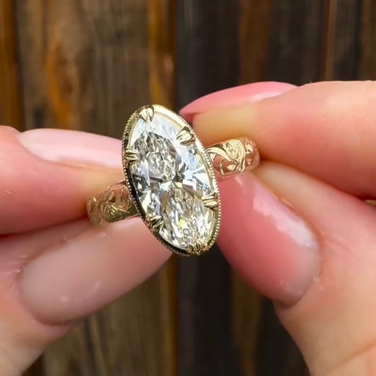 3.5 CT Milgrain Bezel Marquise Cut Moissanite Diamond Ring with Hand Engraved Vintage Gold Band