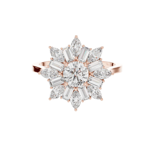 0.50 CT Sunburst Round Center Moissanite Diamond Cluster Ring with Marquise and Baguette Cut Diamonds