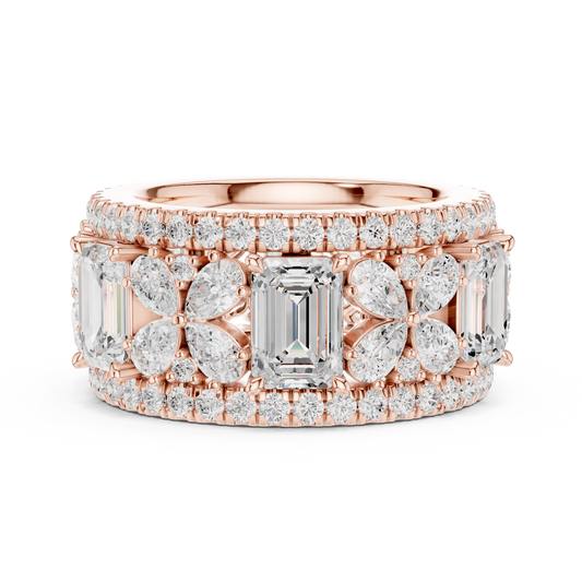 4.80 CT Majestic Wide Lab Diamond Band Featuring Emerald Cut Center Stones with Pear Floral Motifs