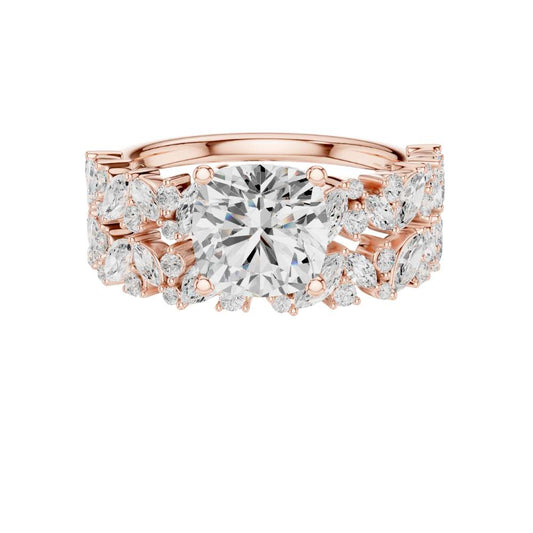 3.70 TCW Lavish Cushion Cut Moissanite Diamond Floral Ring with Marquise and Round Diamond Accents