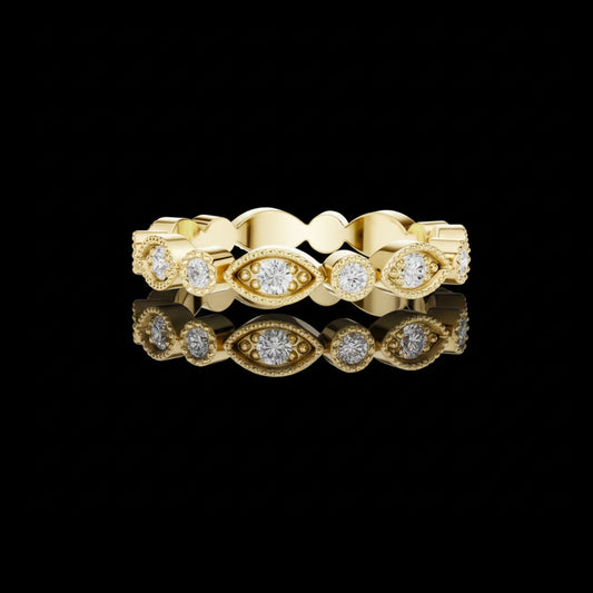 0.49 TCW Vintage Inspired Round Cut Moissanite Diamond Milgrain Band in Solid Gold