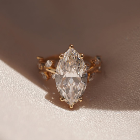 3.00 CT Nature Inspired Marquise Lab Diamond Ring with Delicate Leaf Accent Band in Gold