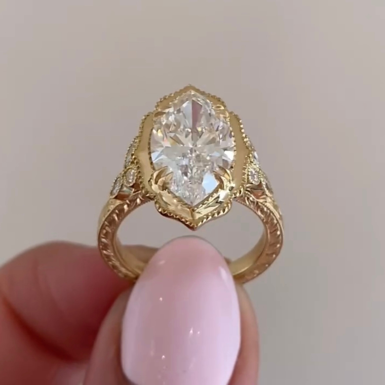 Vintage Marquise Cut Lab Diamond With Side Stone Engagement Ring - view 2