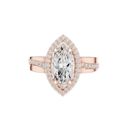 Marquise Cut Diamond Halo Ring Lab Diamond with Split Shank - view 2