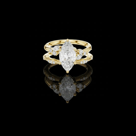 2.00 CT Signature Solitaire Marquise Cut Moissanite Diamond Ring with Accent Bands For Daily Wear