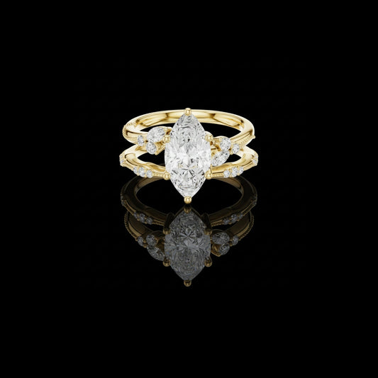2.00 CT Signature Solitaire Marquise Cut Lab Diamond Ring with Accent Bands For Daily Wear